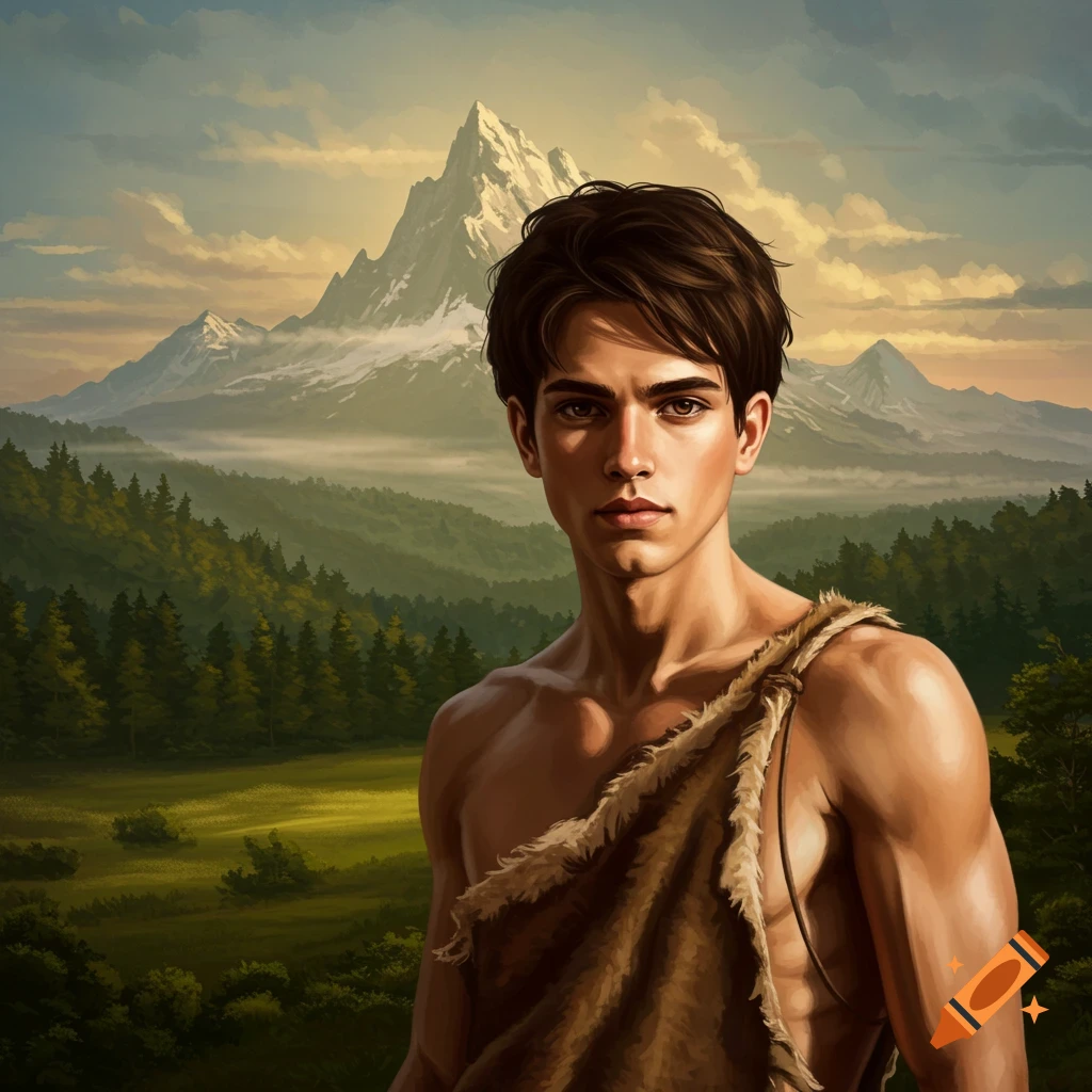 A young man wearing a fur pelt stands in a painterly mountain landscape.