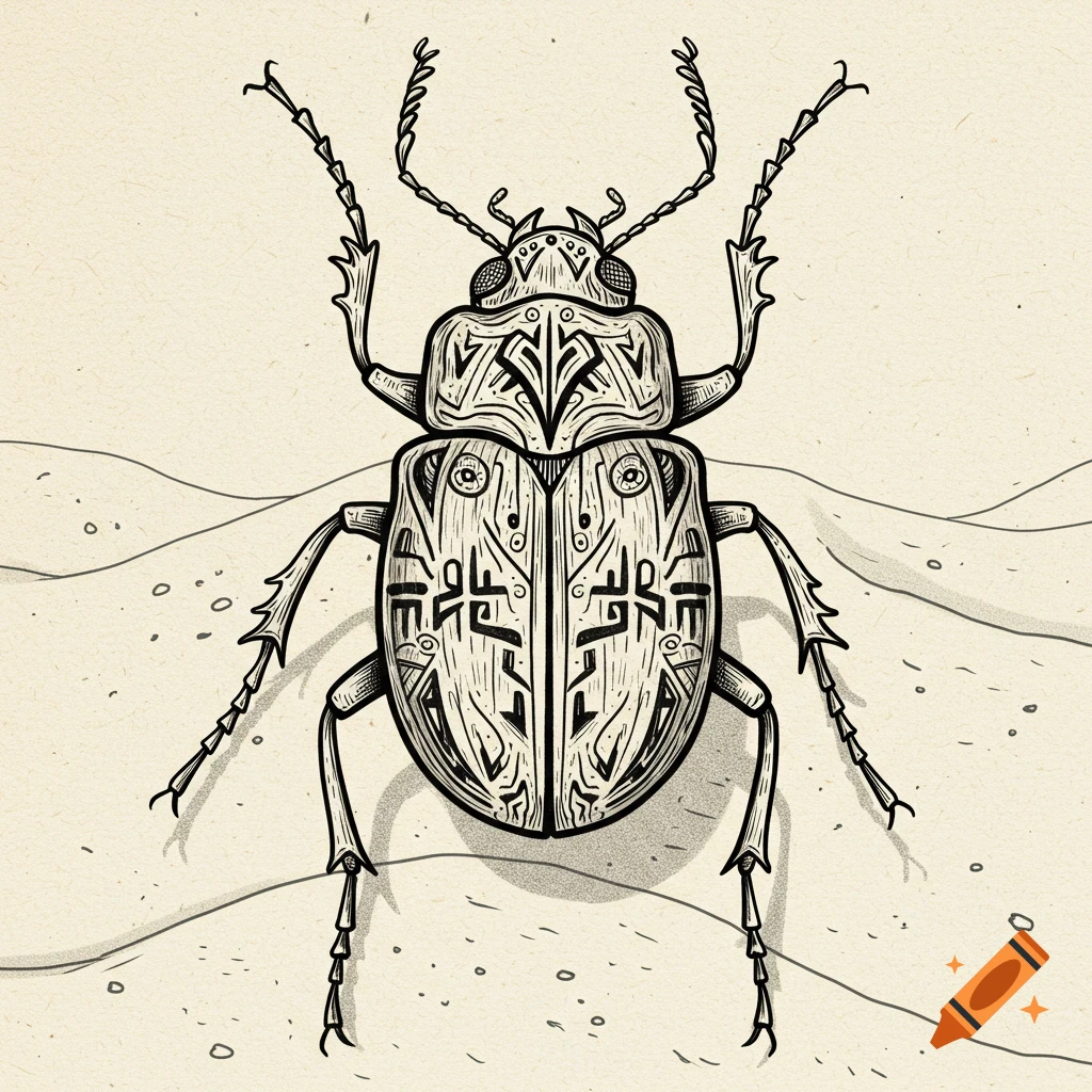 Line art drawing of a desert beetle with decorative patterns on its shell.