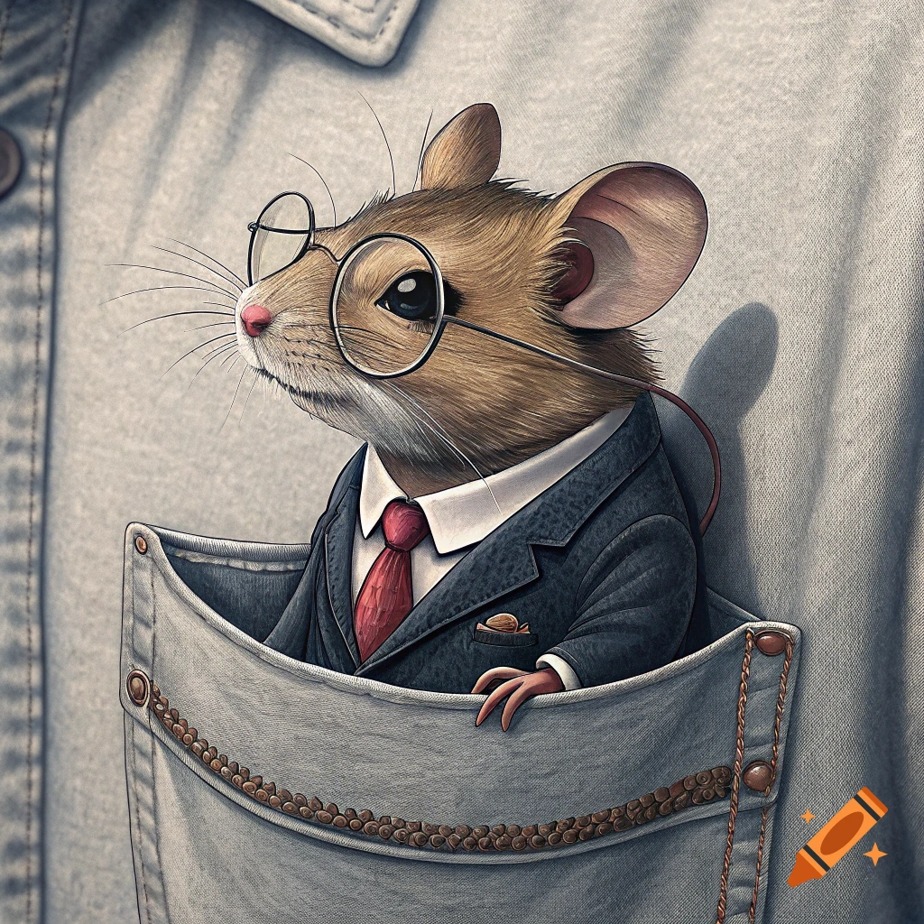 A mouse wearing a suit, tie, and glasses looks out from a shirt pocket.