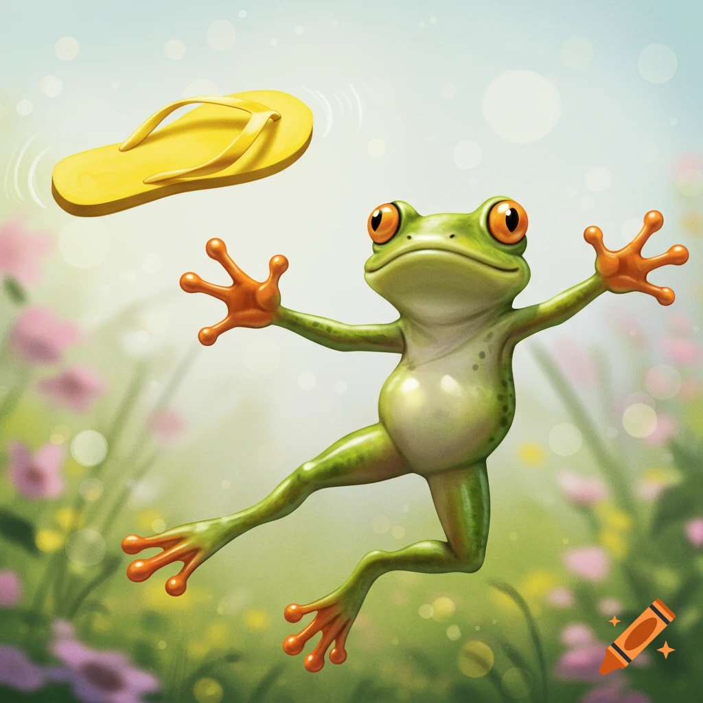 Cartoon frog leaps in a flower field, reaching for a floating yellow flip flop.