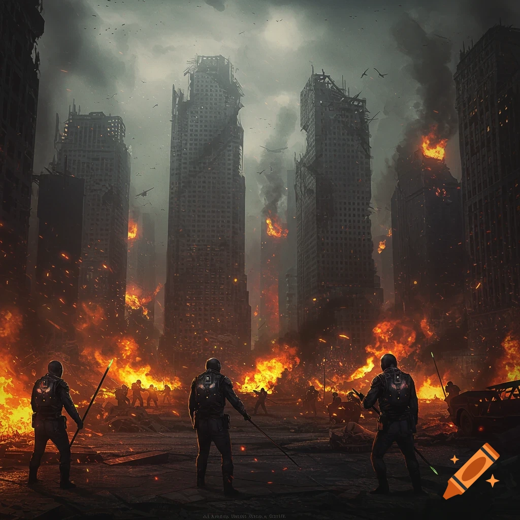 Three figures stand in the foreground of a burning, ruined city.