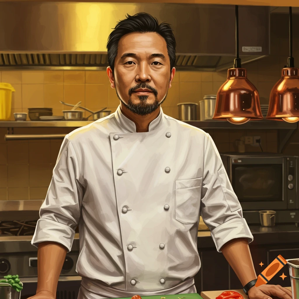 An illustrated portrait of a male chef standing in a kitchen.