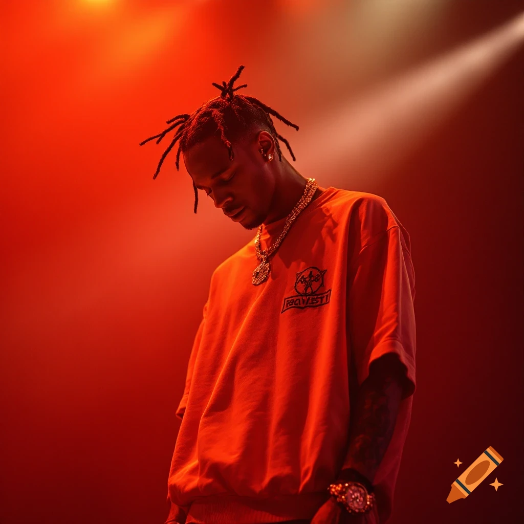 Man resembling Travis Scott performing under red stage lights.