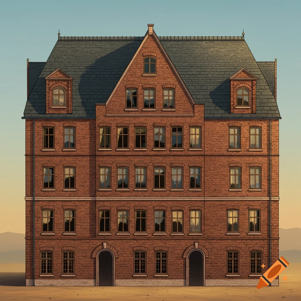 Illustration of a large brick building with a triangular roof against a landscape.