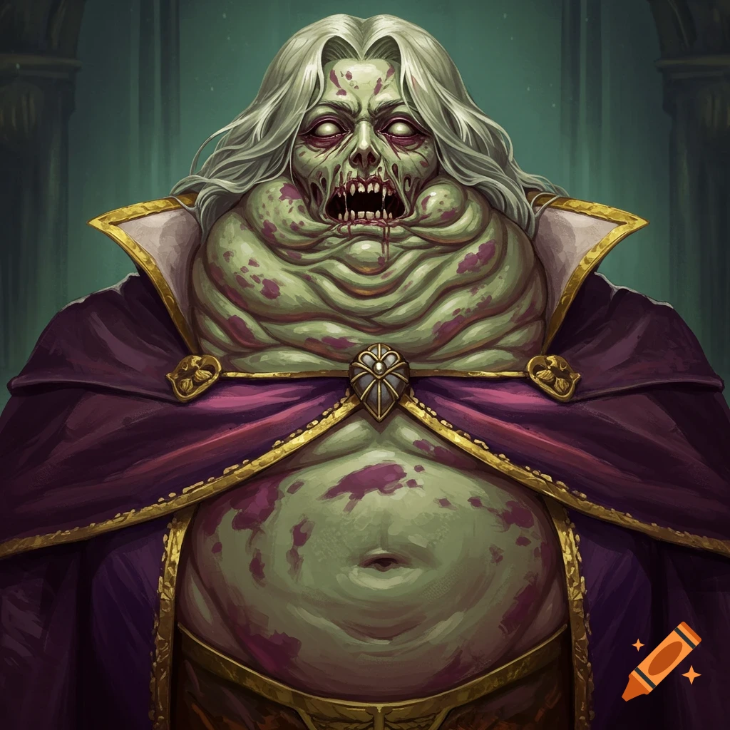 Illustration of a grotesque, bloated undead figure in a purple and gold cloak.