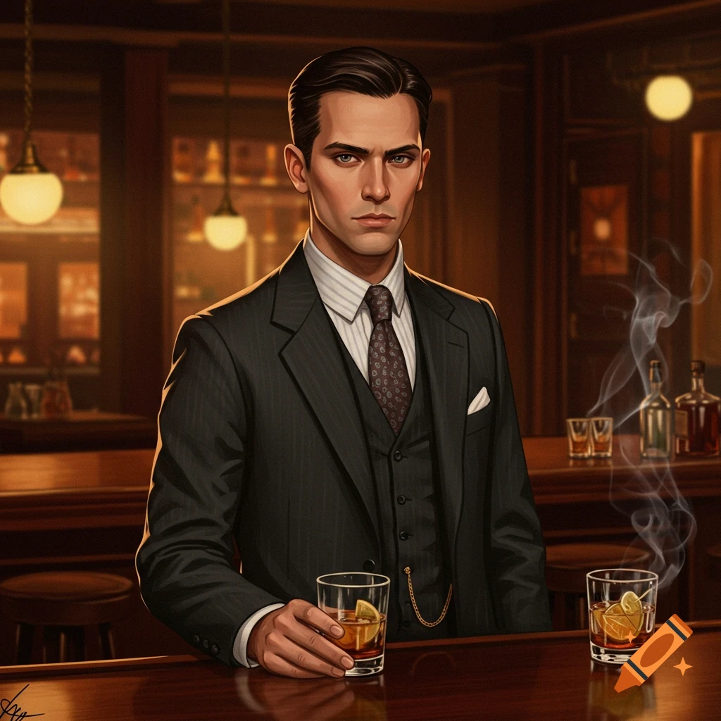 A man in a pinstripe suit stands at a bar, holding a drink.