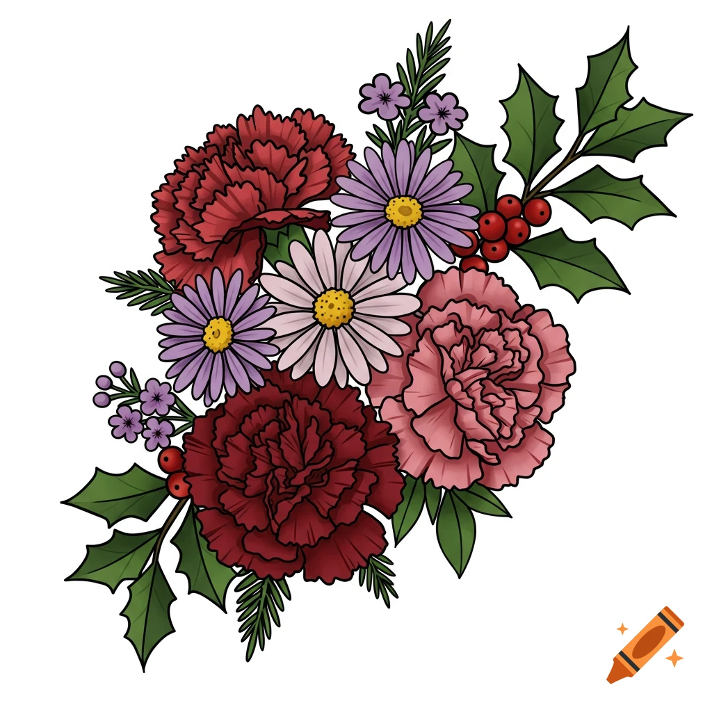 A stylized illustration of a bouquet with red and pink carnations, purple asters, and holly.