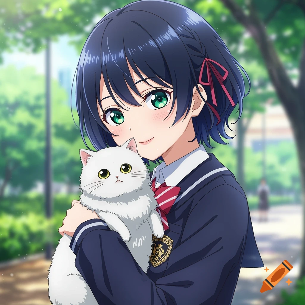 Anime girl in a school uniform holding a white cat in a park