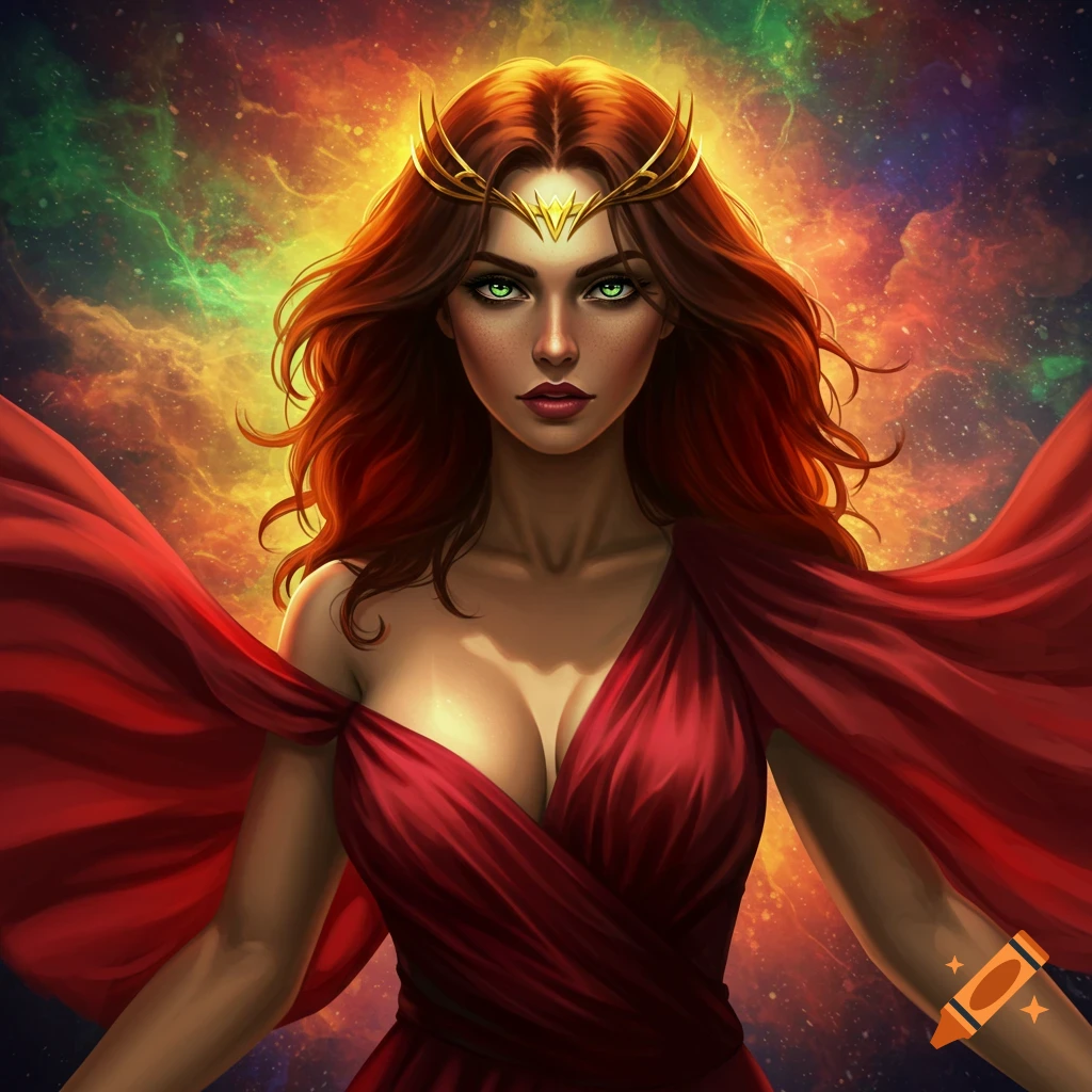 Portrait of a woman with red hair and crown in a red dress against a colorful cosmic background.