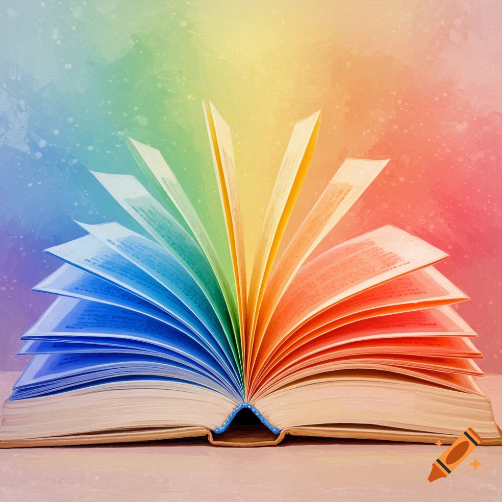 An open book with fanning pages colored like a rainbow against a rainbow background. Watercolor style.