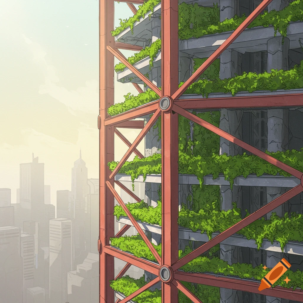 Close-up of a tall vertical farming tower covered in green plants, set against a city skyline.