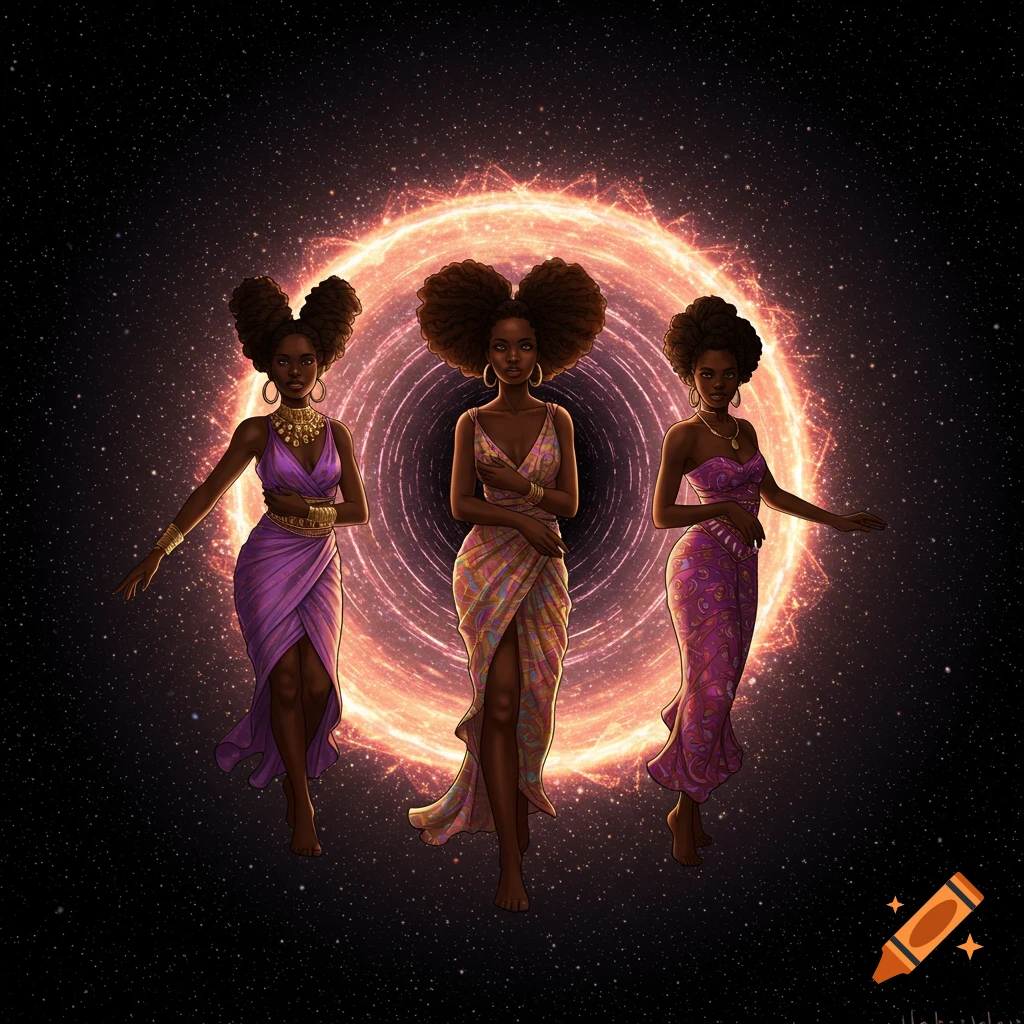 Three Black women in colorful dresses stand before a glowing space portal.