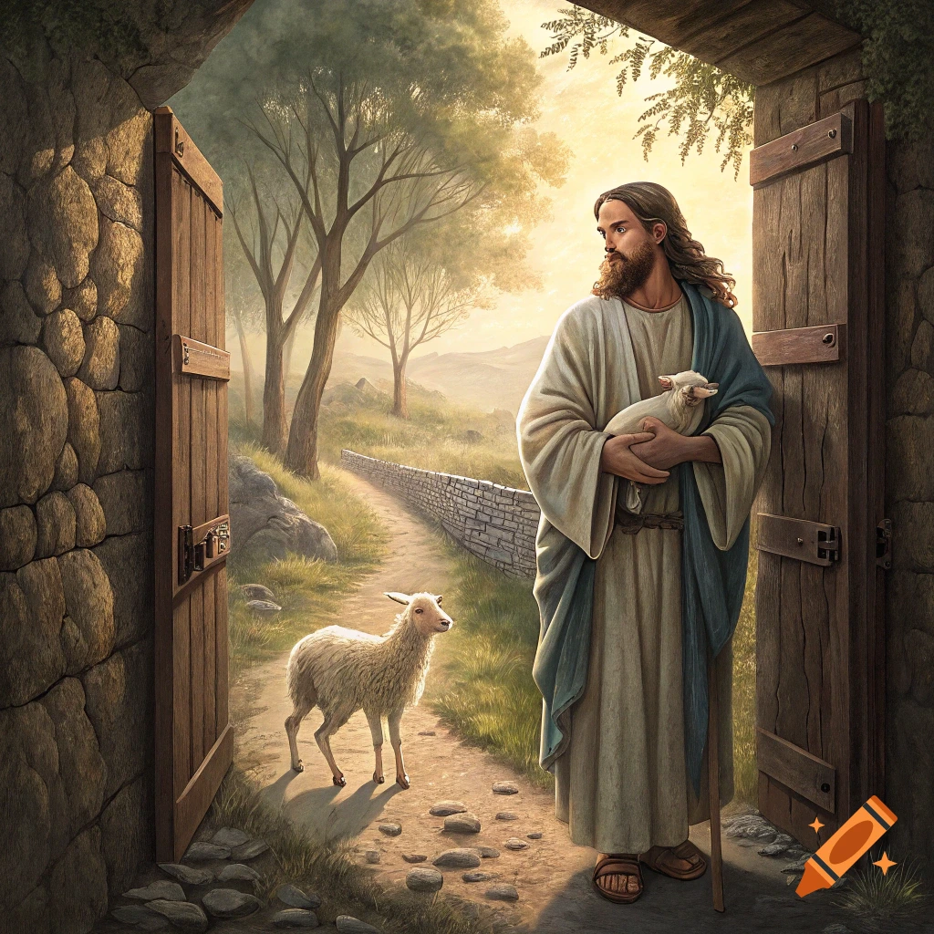 Figure resembling Jesus holds a lamb in a stone doorway, another lamb on a path outside, landscape background, painted style.