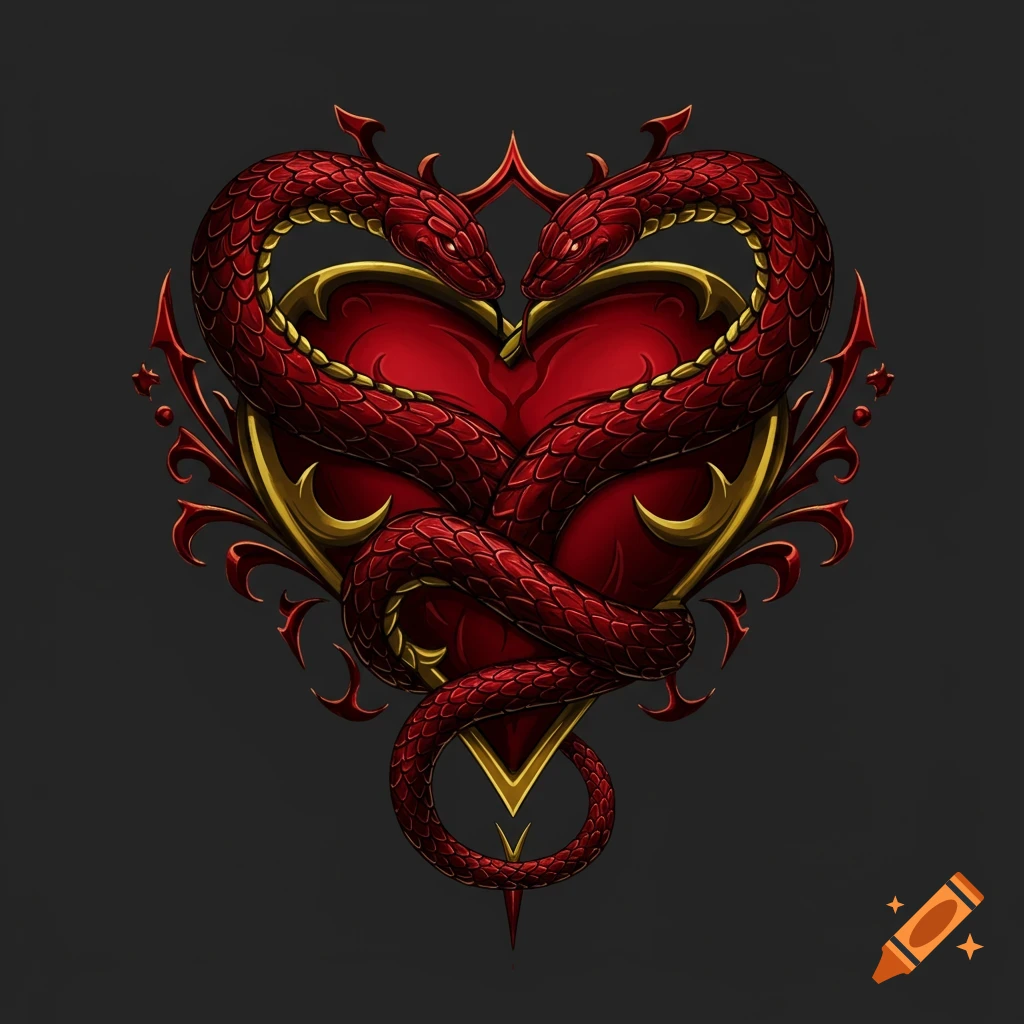 Illustration of two red snakes wrapped around a red heart with gold and red decorative framing.