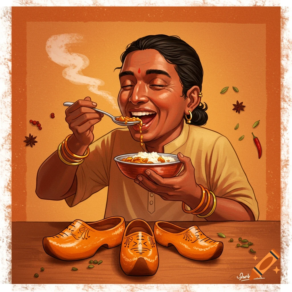 Illustration of a person eating curry with a spoon, with Dutch clogs on the table.