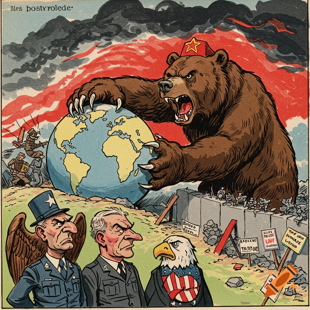 Political cartoon of a bear (USSR) clawing the globe, with American generals and eagle watching.