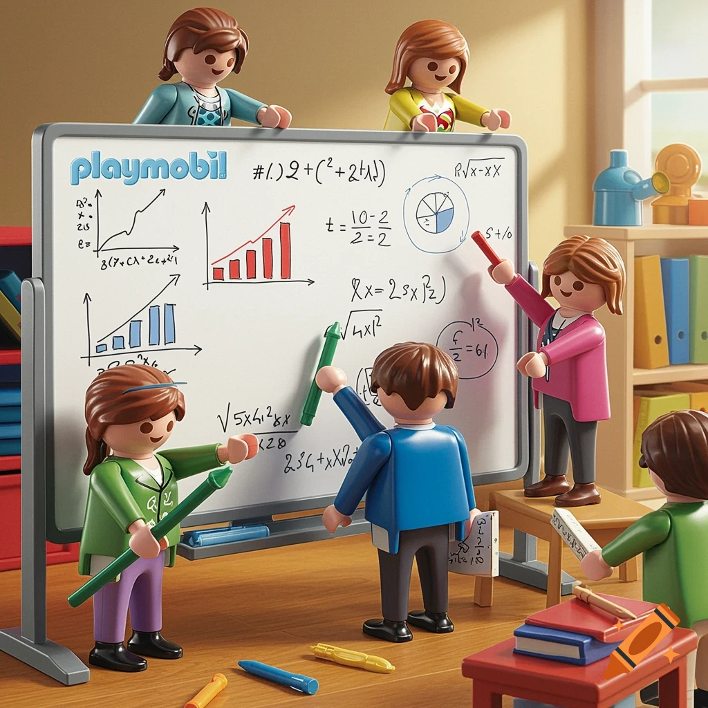 Playmobil figures standing at a whiteboard with math equations and graphs