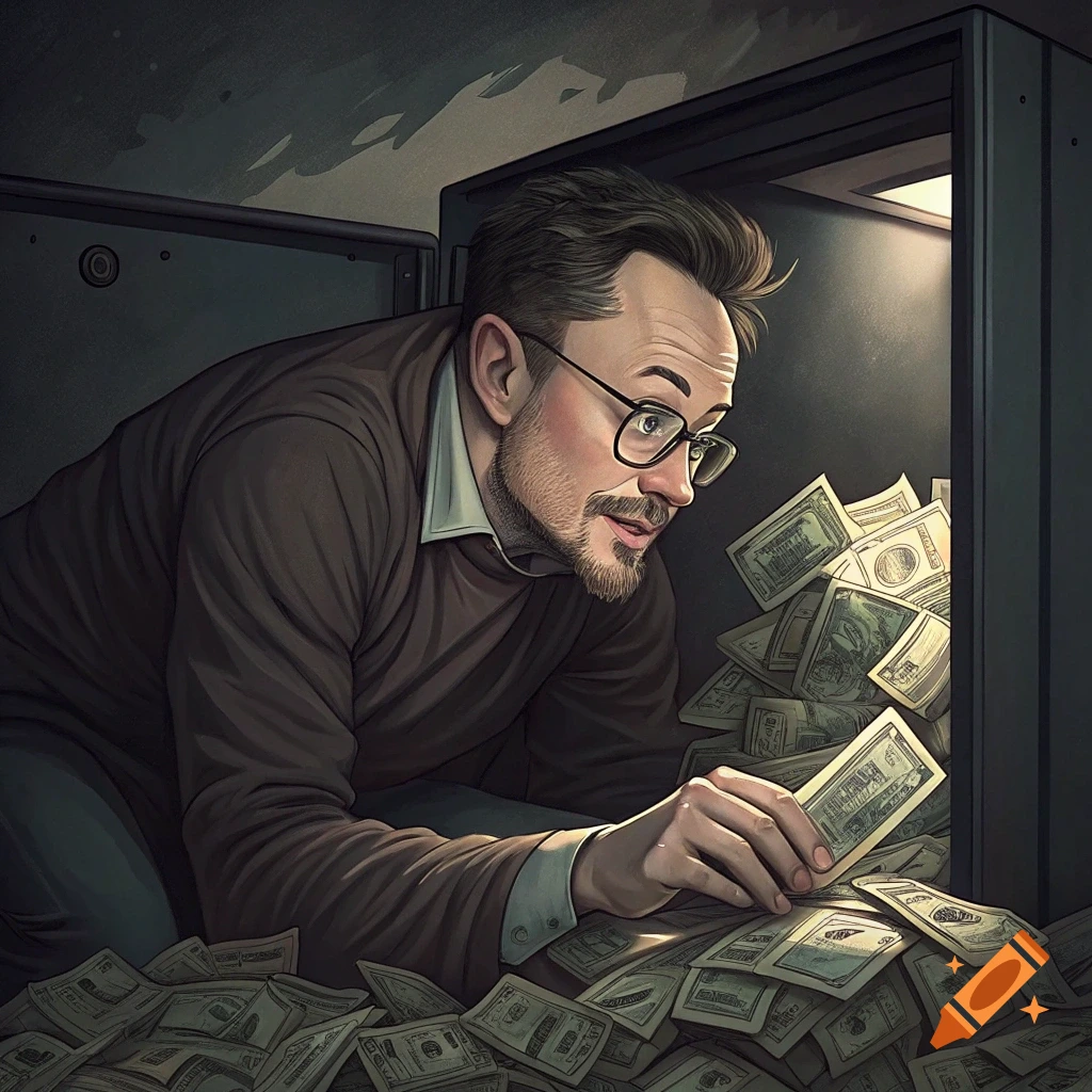 Illustrative image of a man looking into a safe overflowing with money, holding up a bill.