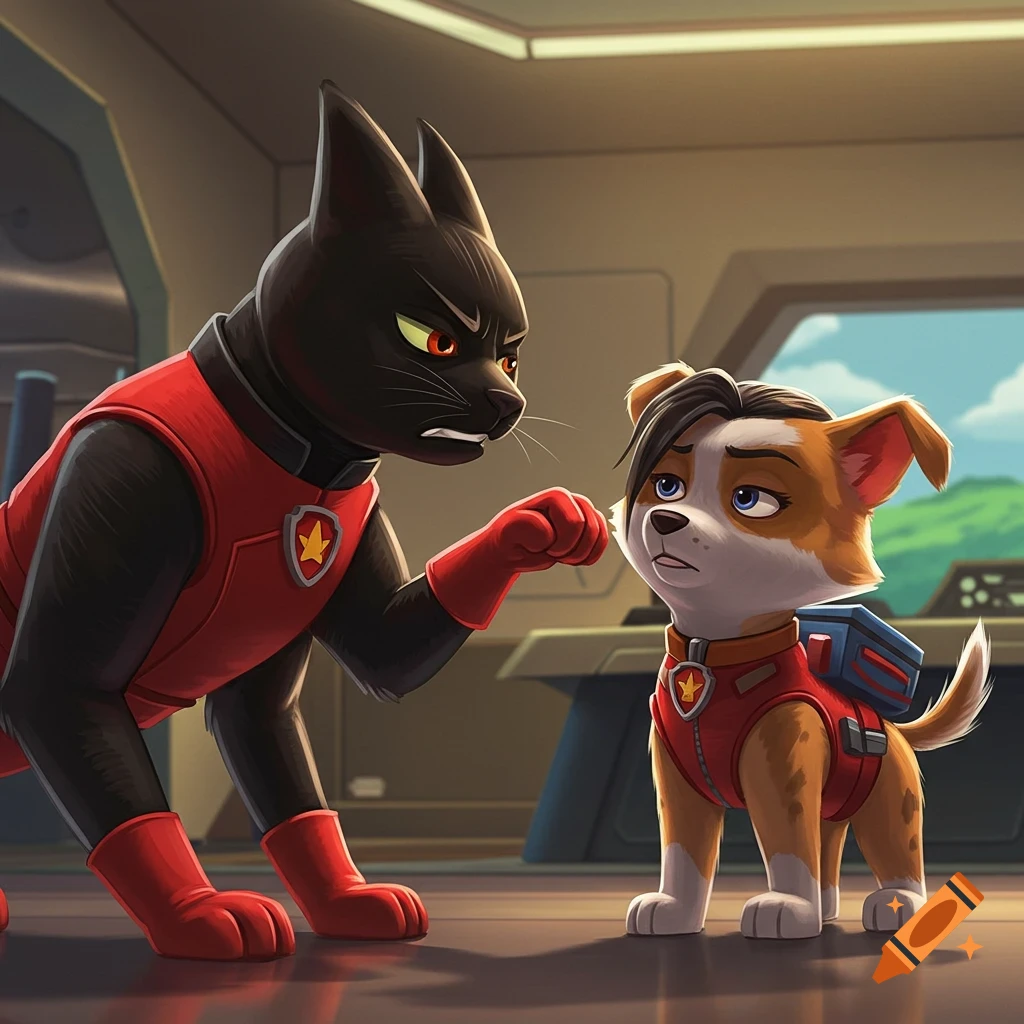 Black cat character in red suit confronts sad small dog character in sci-fi room.