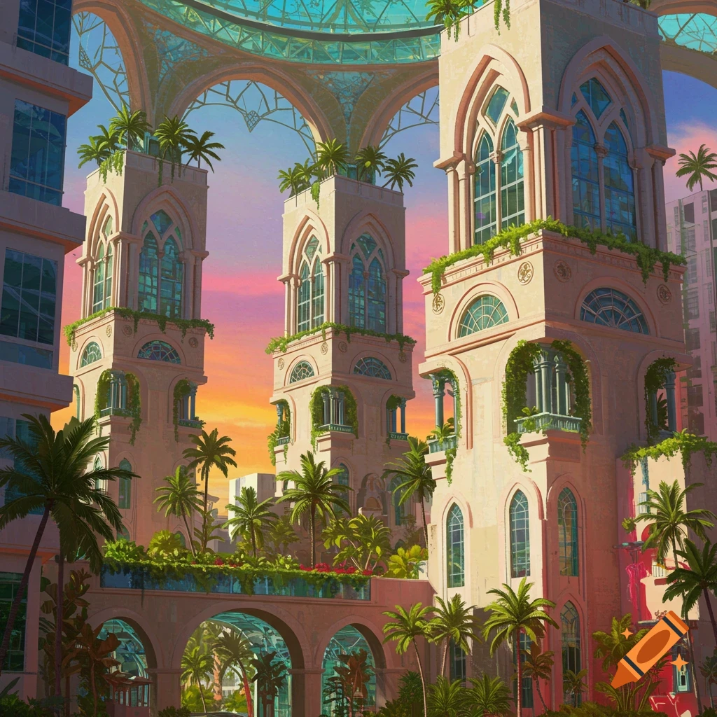 Futuristic architecture with Romanesque arches, glass roofs, and lush greenery against a vibrant sunset sky.