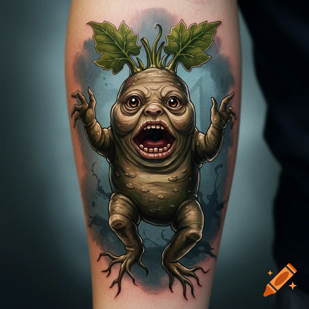 Detailed tattoo of a Harry Potter Mandrake screaming on skin.