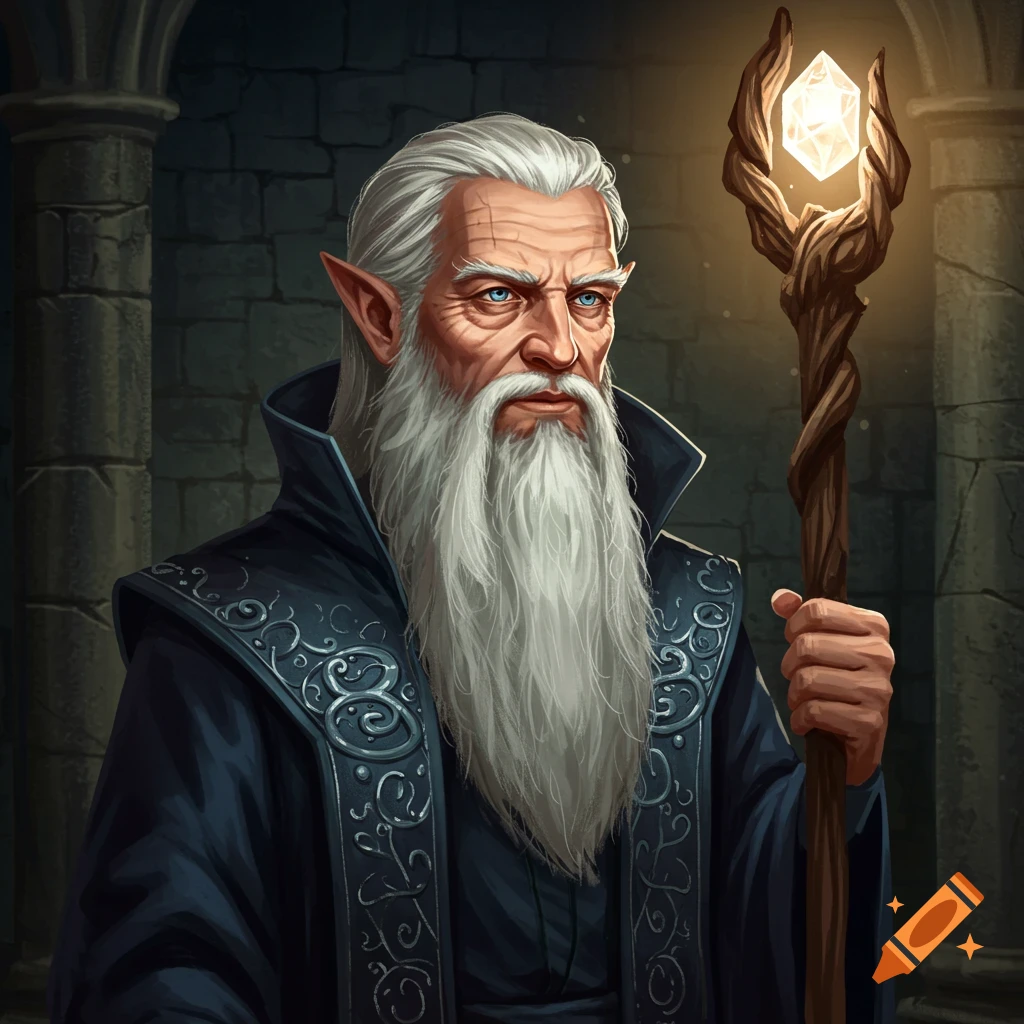 Portrait of an old elven wizard with a white beard, blue eyes, and a staff with a glowing crystal.