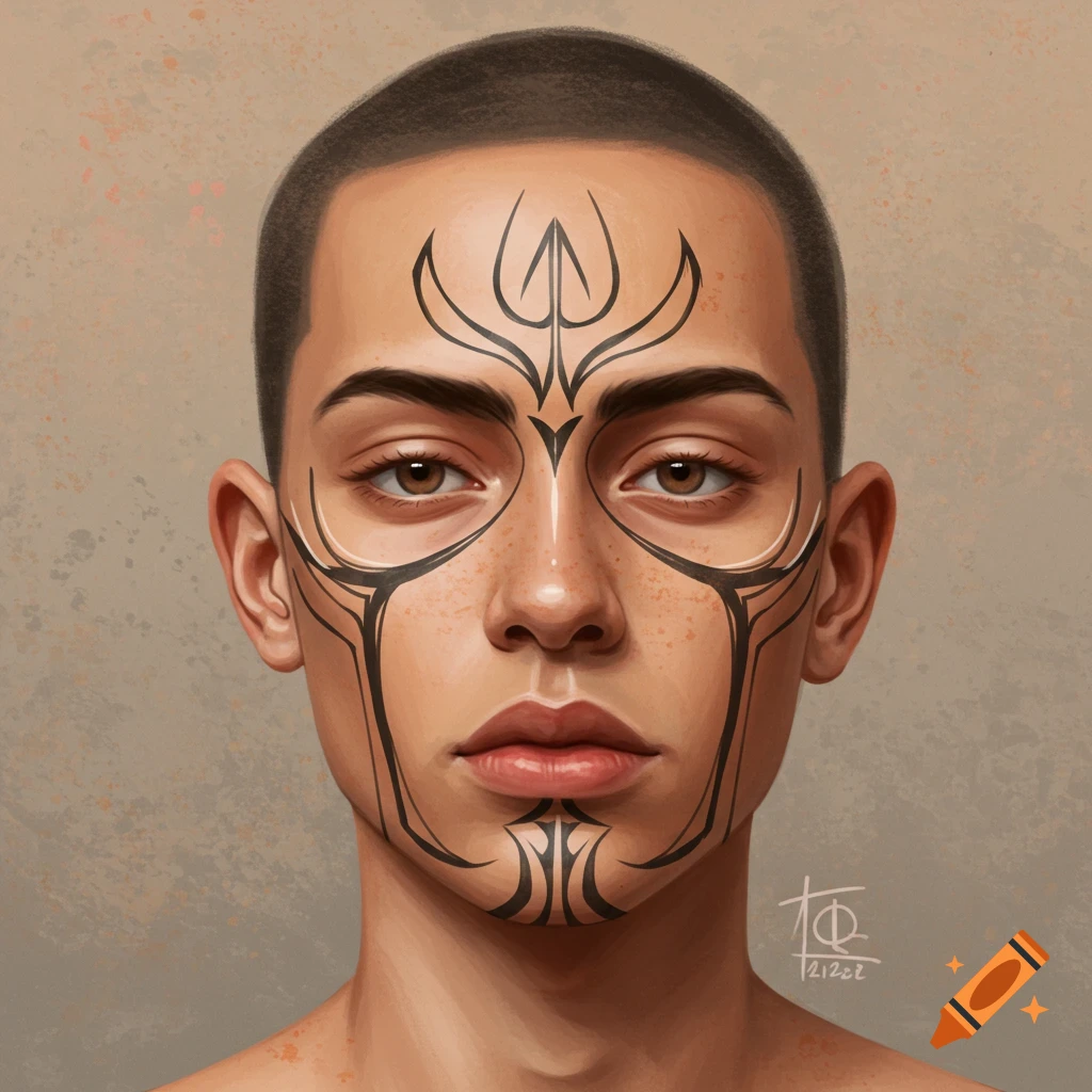 Portrait of a person with black tribal face tattoos.