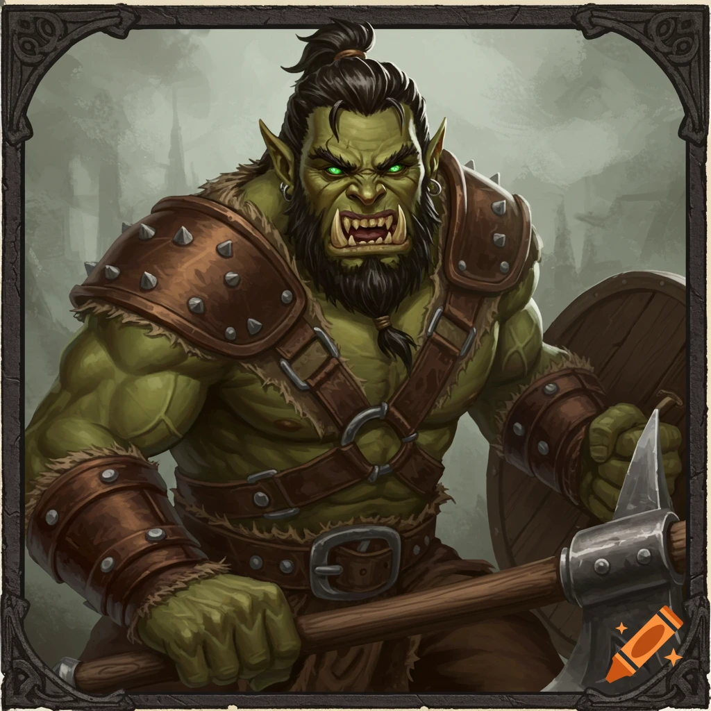 Stylized portrait of a green-skinned half-orc warrior in armor holding an axe.