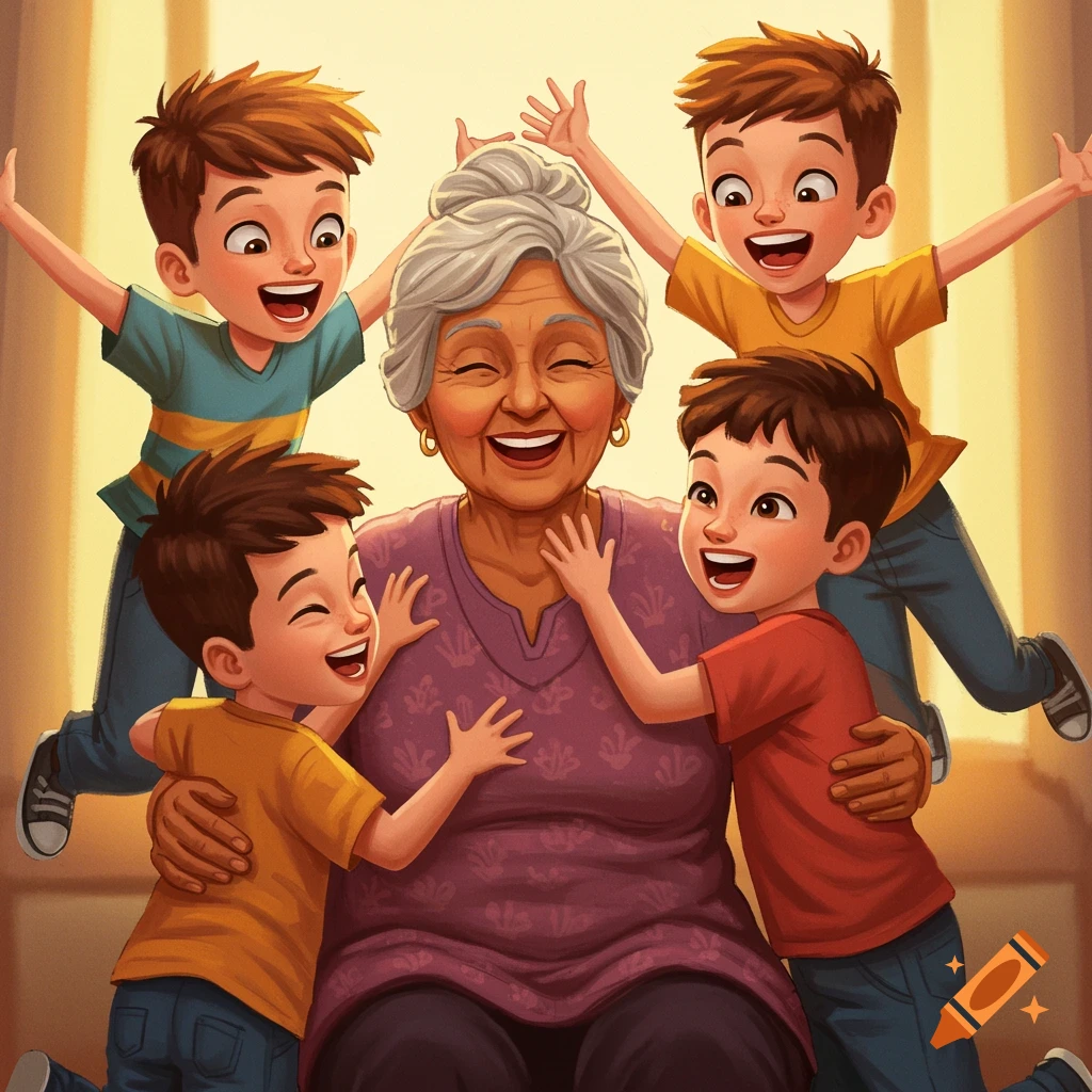 An illustration of a smiling grandmother hugging four laughing young boys.