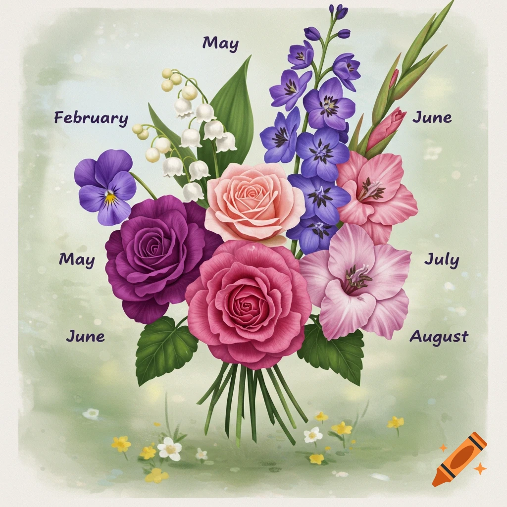 An illustration of a bouquet of birth flowers labeled with months: February, May, June, July, August.