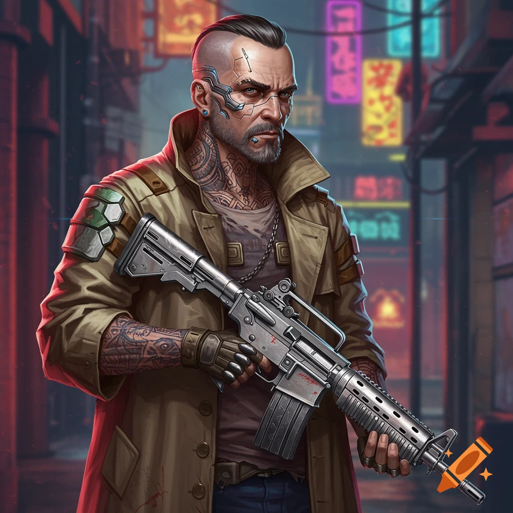 Cyberpunk man with cybernetics, tattoos, and rifle standing in rainy street with neon signs.