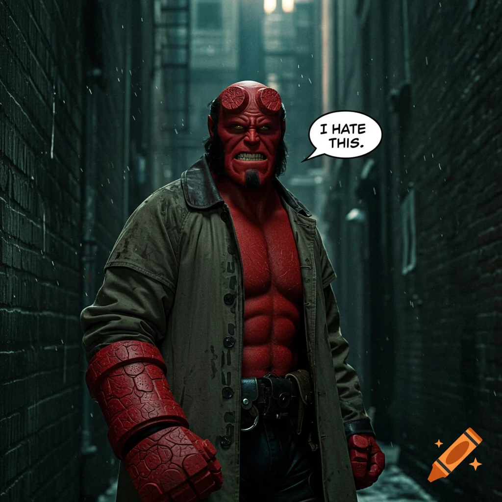 Hellboy stands in a rainy alley with a speech bubble saying 'I HATE THIS.'