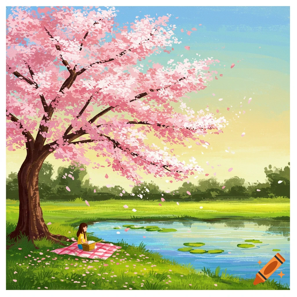 Cherry blossom park with pond and gentle breeze illustration