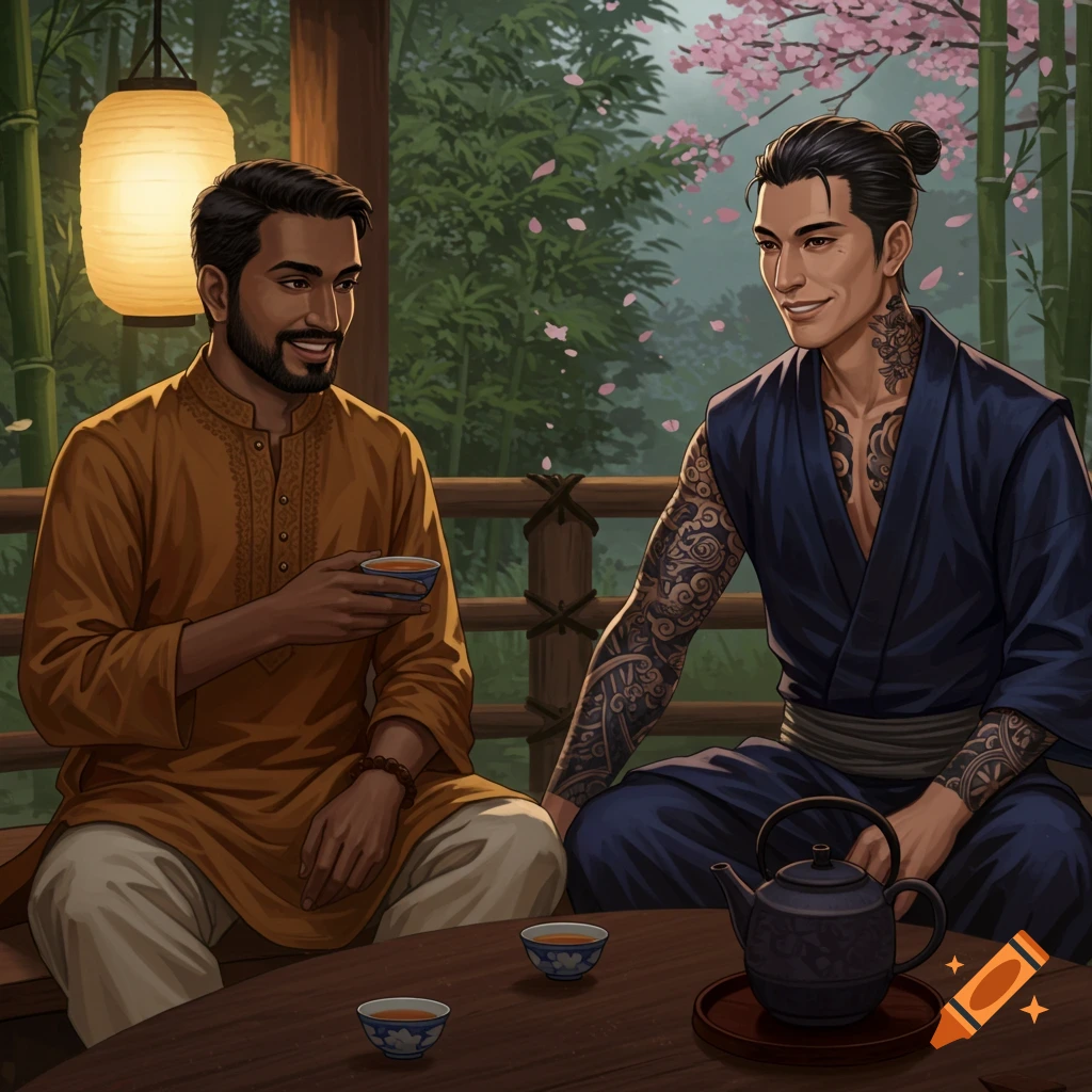 Two men having tea in a Japanese garden illustration