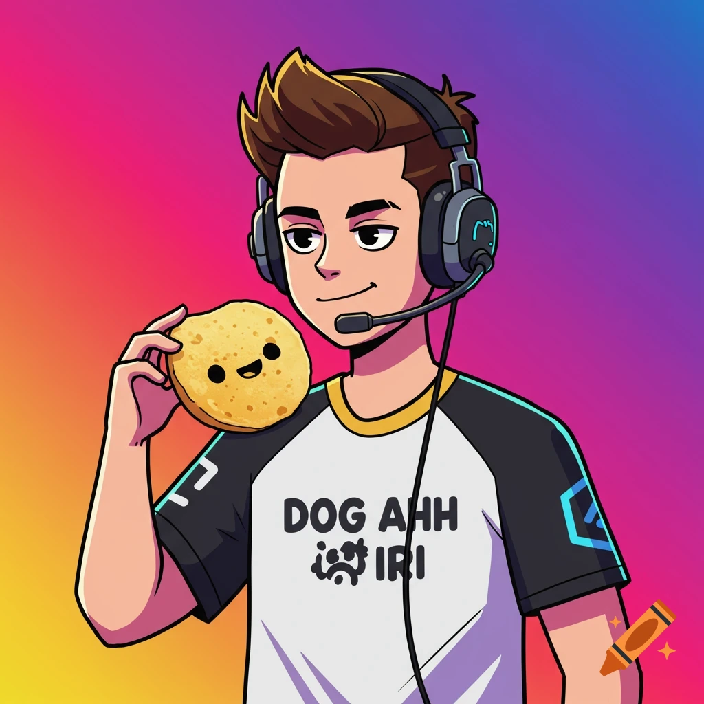Cartoon portrait of a gamer with a headset holding a round snack, wearing a shirt with text.