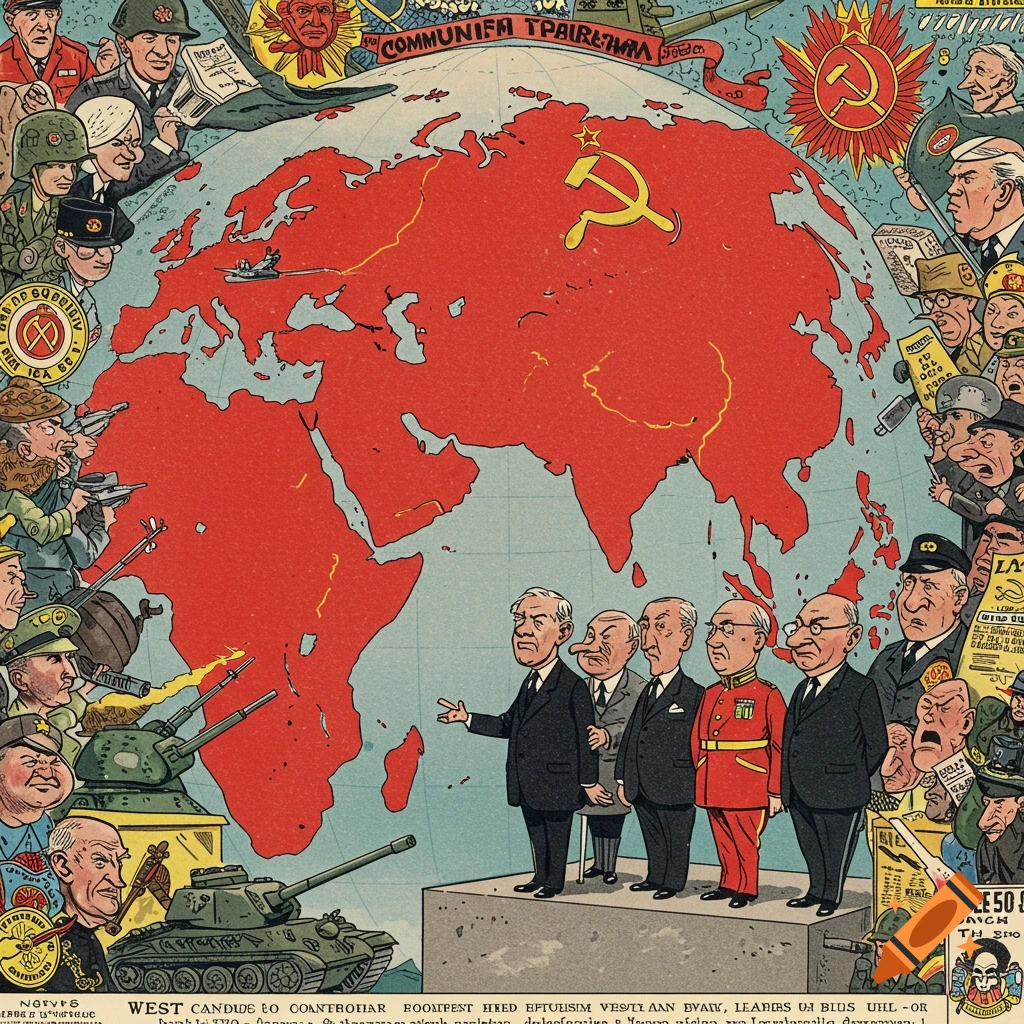 Political cartoon depicting a world map showing the USSR/Communist bloc surrounded by caricatured Western figures, military, tanks.