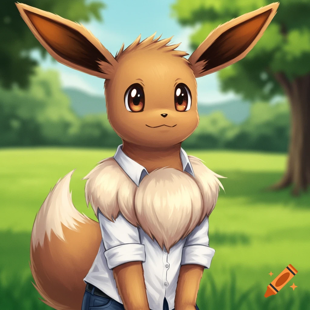 Humanoid Eevee in a white shirt and jeans stands in a grassy field.