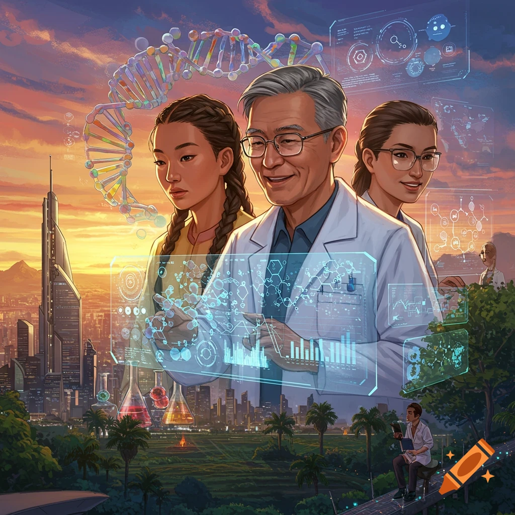 Scientists with holographic displays, a DNA helix, futuristic city, and nature at sunset, symbolizing life science and technology.