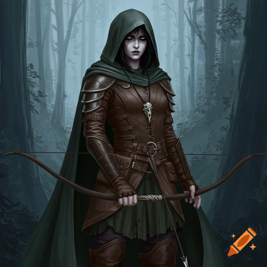 A hooded female ranger in leather armor stands in a forest, holding a longbow.