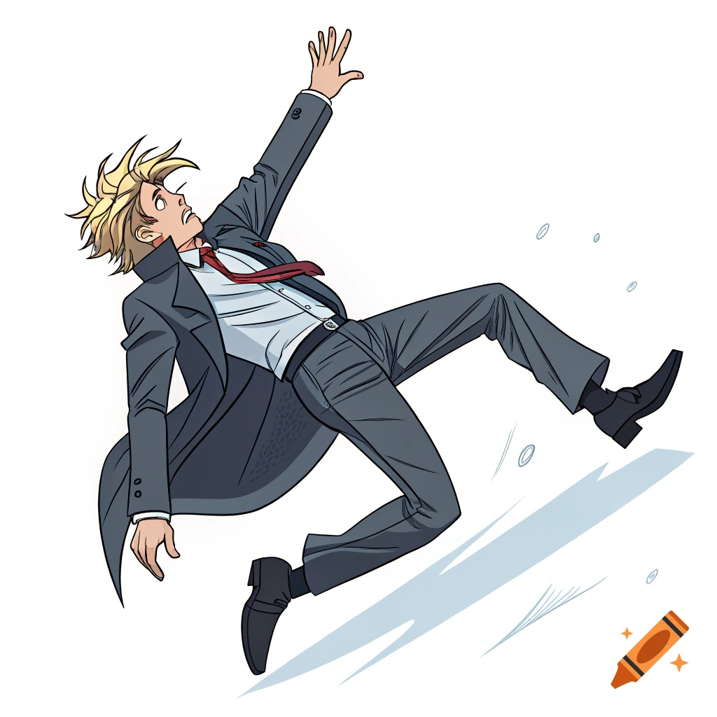 Anime-style character in a suit falling backwards