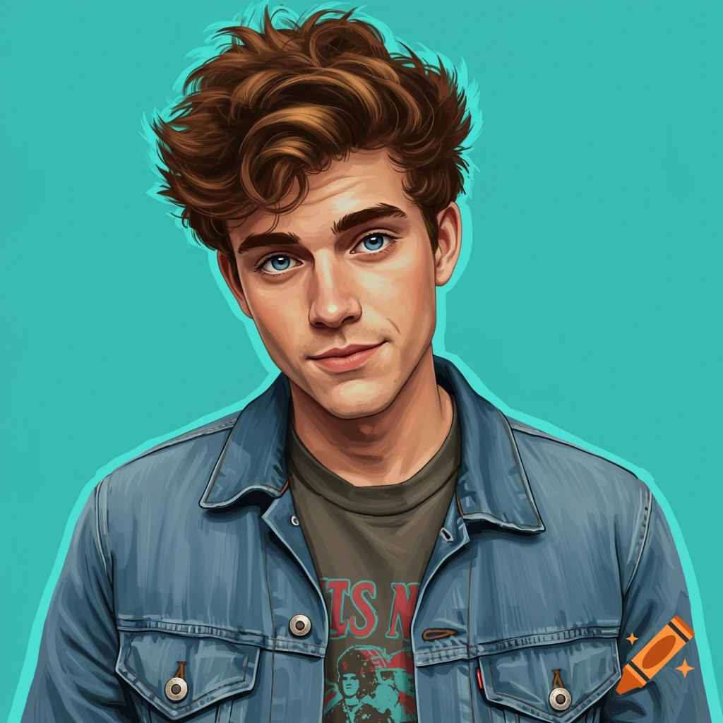 Stylized illustration portrait of a young man with blue eyes and brown hair wearing a denim jacket and t-shirt.