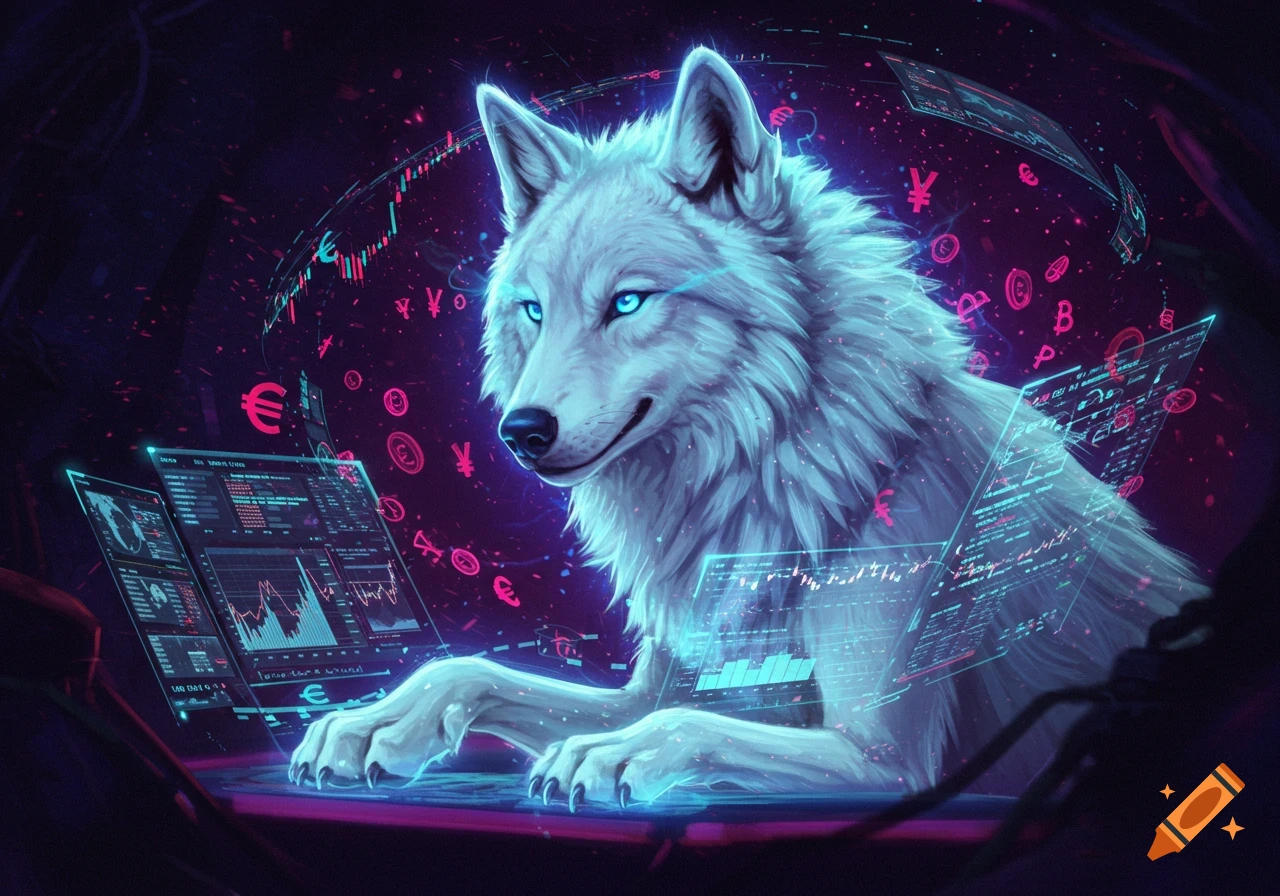White wolf sits before neon-lit futuristic screens displaying financial charts & currency symbols.