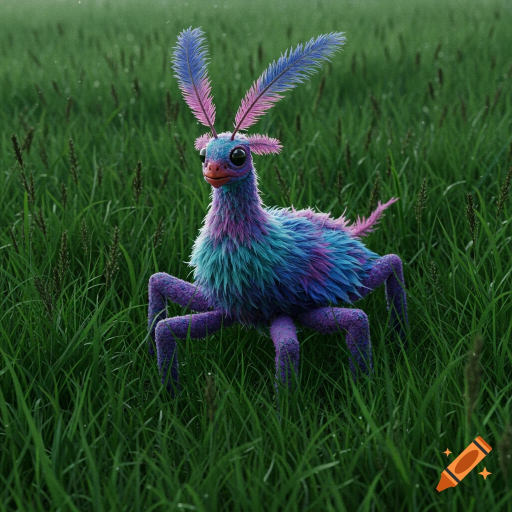 A furry creature with blue and purple feathers for ears stands in tall grass.