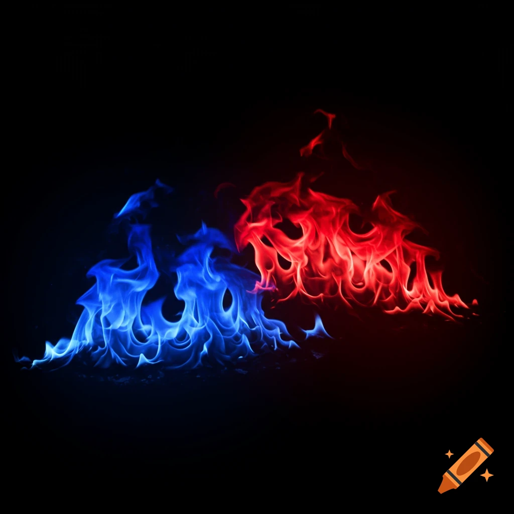 Blue and red fire on black background, realistic