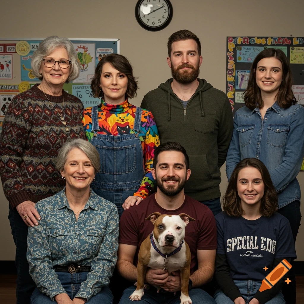 A family portrait of seven people and a pit bull dog.