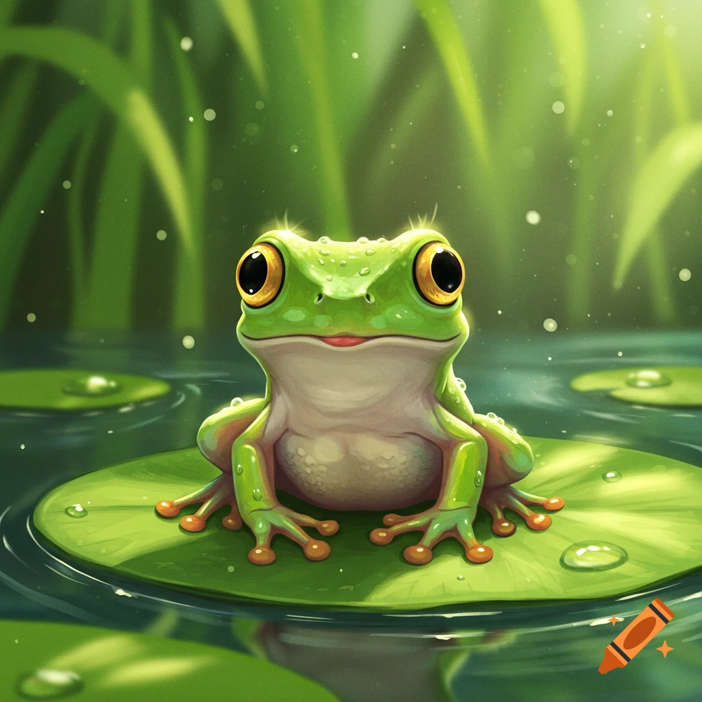 A cute cartoon frog sits on a lily pad in a pond.