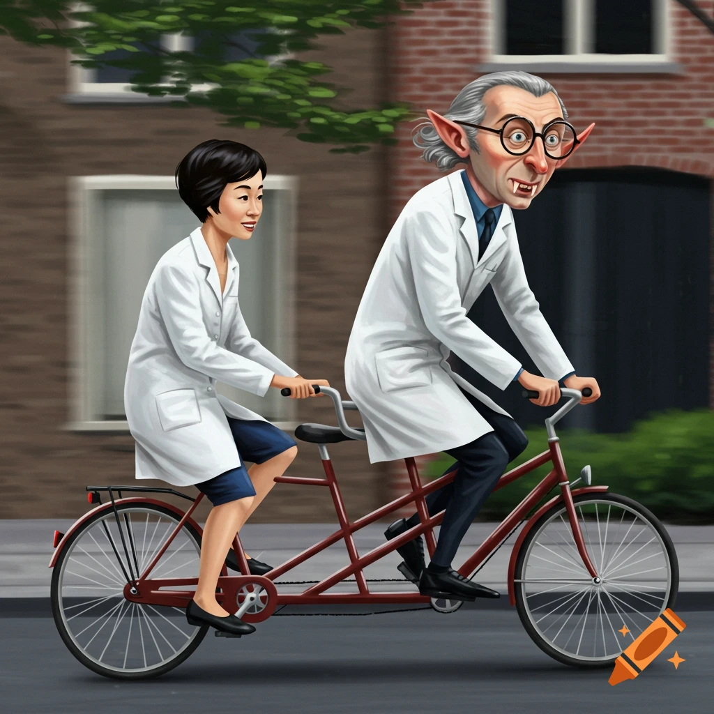 Illustration of two doctors, one resembling Dracula, riding a tandem bike on a street.