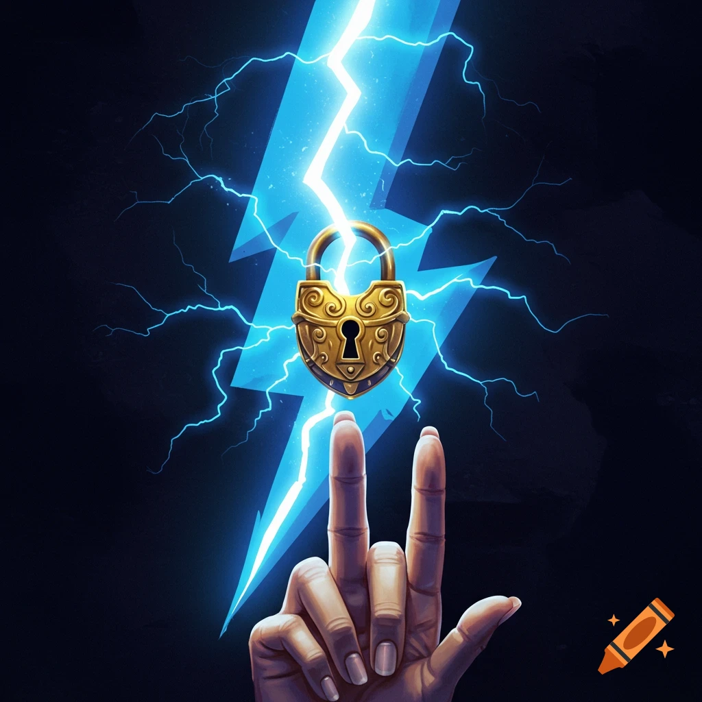Hand making a gesture beneath a glowing lock and lightning bolt.