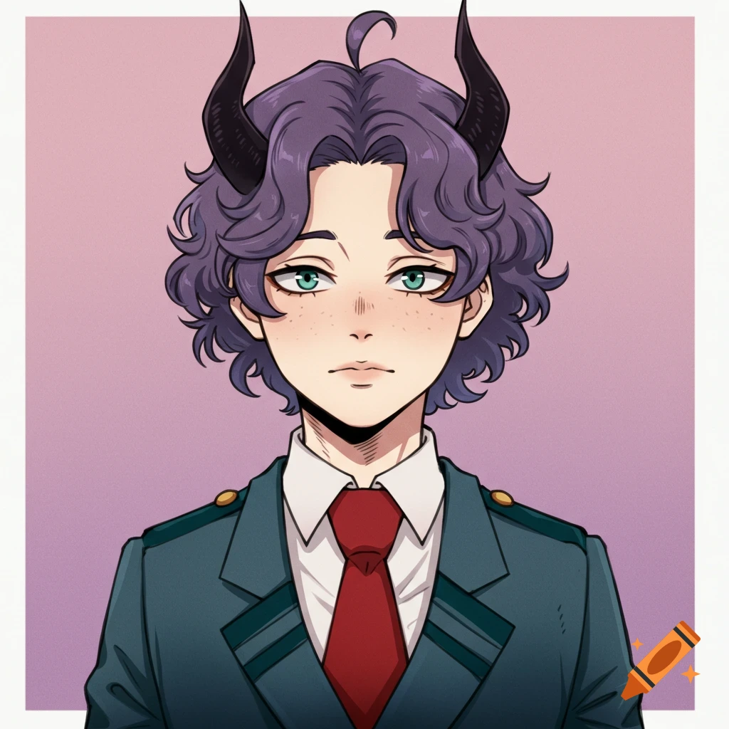 Anime portrait of a person with purple curly hair and black horns wearing a school uniform.