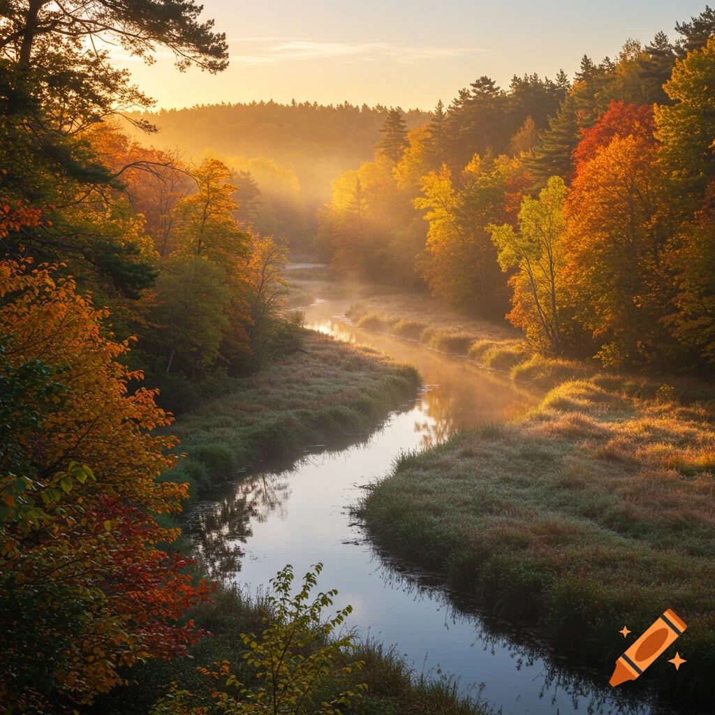 A winding river flows through an autumn forest bathed in misty sunlight.